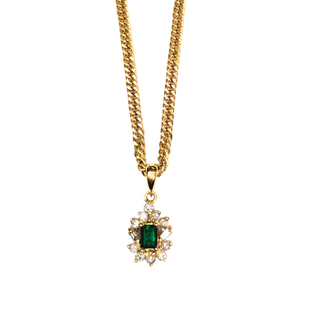 14k Micro-Curb Link Necklace with Emerald and Diamond Cluster Pendant-Necklace-Antique, Estate & Consignment-hurdles-jewelry-boulder-colorado