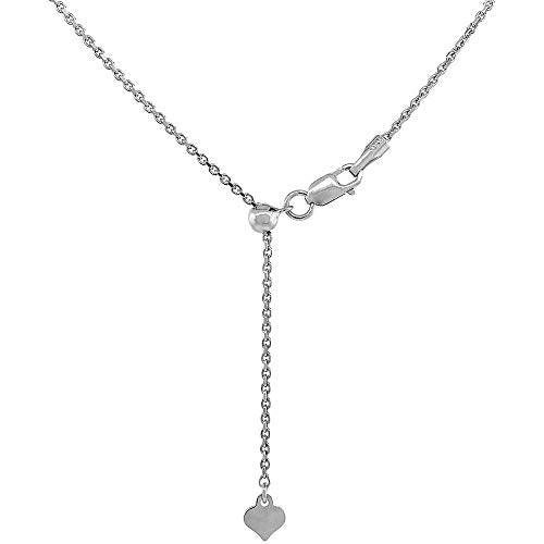 1.4mm rhodium-plated sterling silver adjustable cable chain with a sliding bead and lobster clasp, 24 inches long.