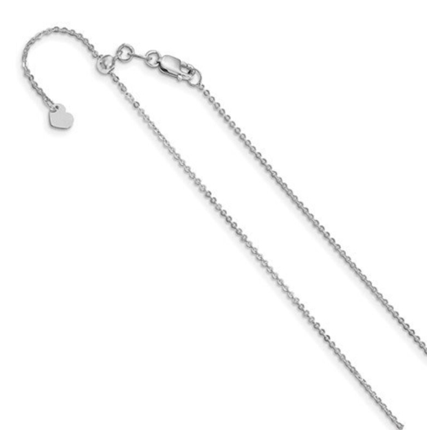 14k white gold 1.2mm espiga chain with an adjustable 24-inch length and a heart-shaped end charm.