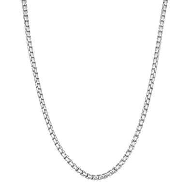 20-inch silver round box chain necklace with a 2.5mm width and polished metallic finish.
