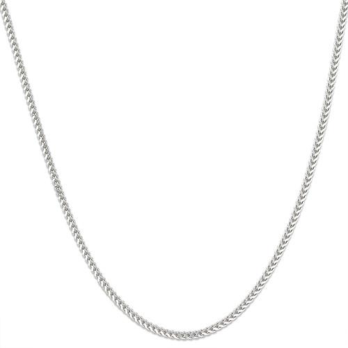 1.2mm 14k white gold Singapore foxtail chain with a polished, twisted link design.