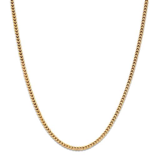 14k yellow gold Singapore foxtail chain necklace with a 1.2mm width, featuring a polished, intricate twisted link design.