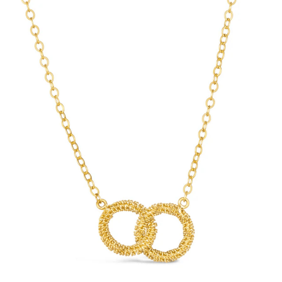 18k yellow gold necklace featuring two interlocking diamond-cut textured hoops on a delicate cable chain.