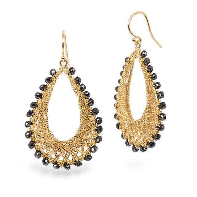 18k yellow gold teardrop earrings featuring delicate woven chain and black diamond accents on french hooks.