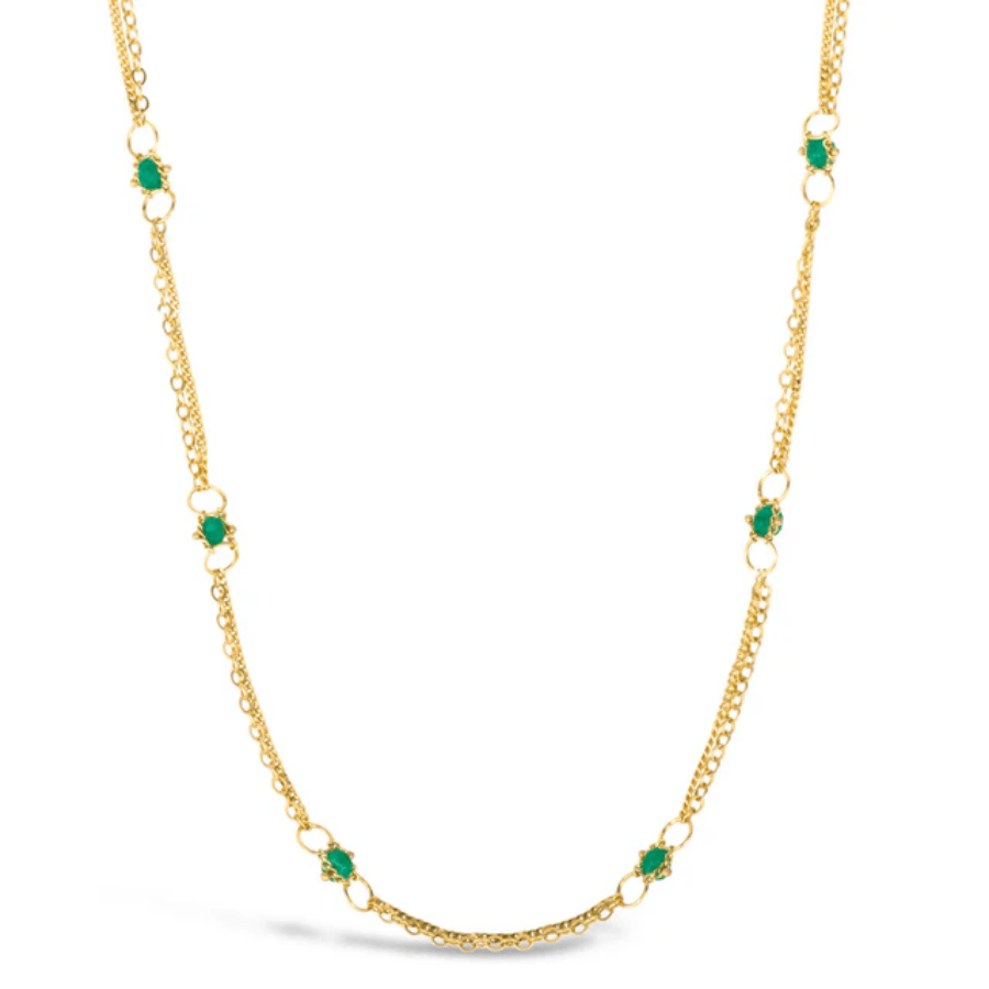 18k yellow gold chain necklace featuring hand-woven emerald stones in a delicate, refined link design.