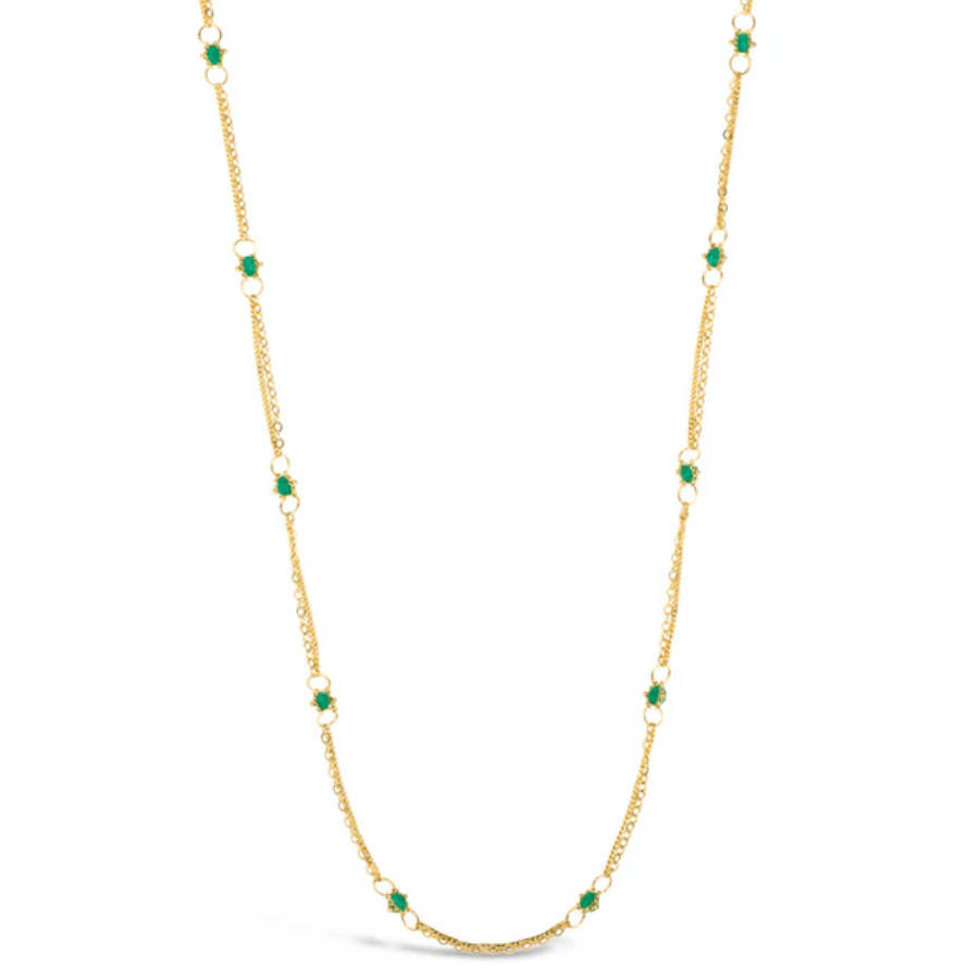 18k yellow gold chain necklace featuring hand-woven emerald stones in a delicate, refined design.
