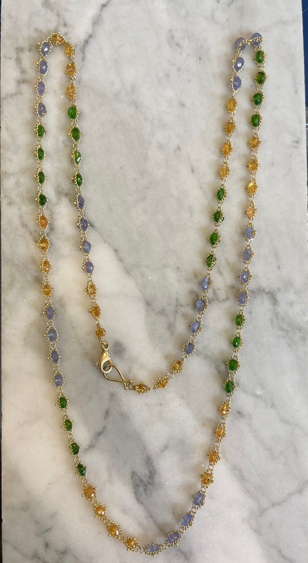 Green Tourmaline, Garnet & Tanzanite Textile Necklace-Necklace-Amali-16-18 inch-hurdles-jewelry-boulder-colorado