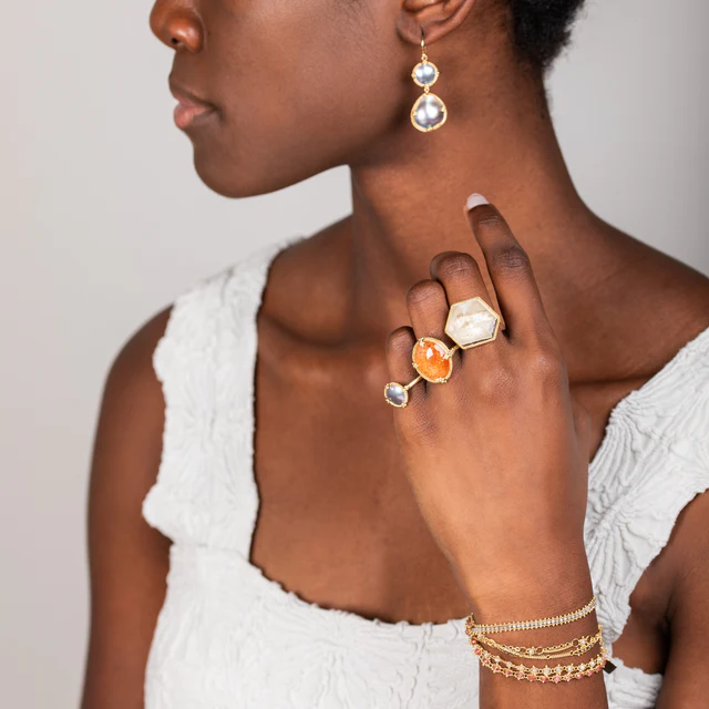 18k yellow gold double drop Mabe pearl earrings with a 1-inch drop length.