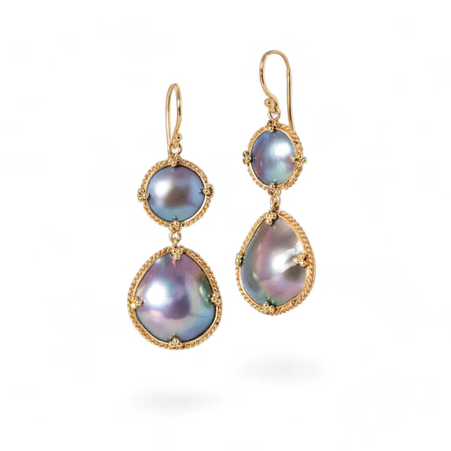 18k yellow gold double drop earrings featuring four iridescent Mabe pearls in a textured, beaded setting.