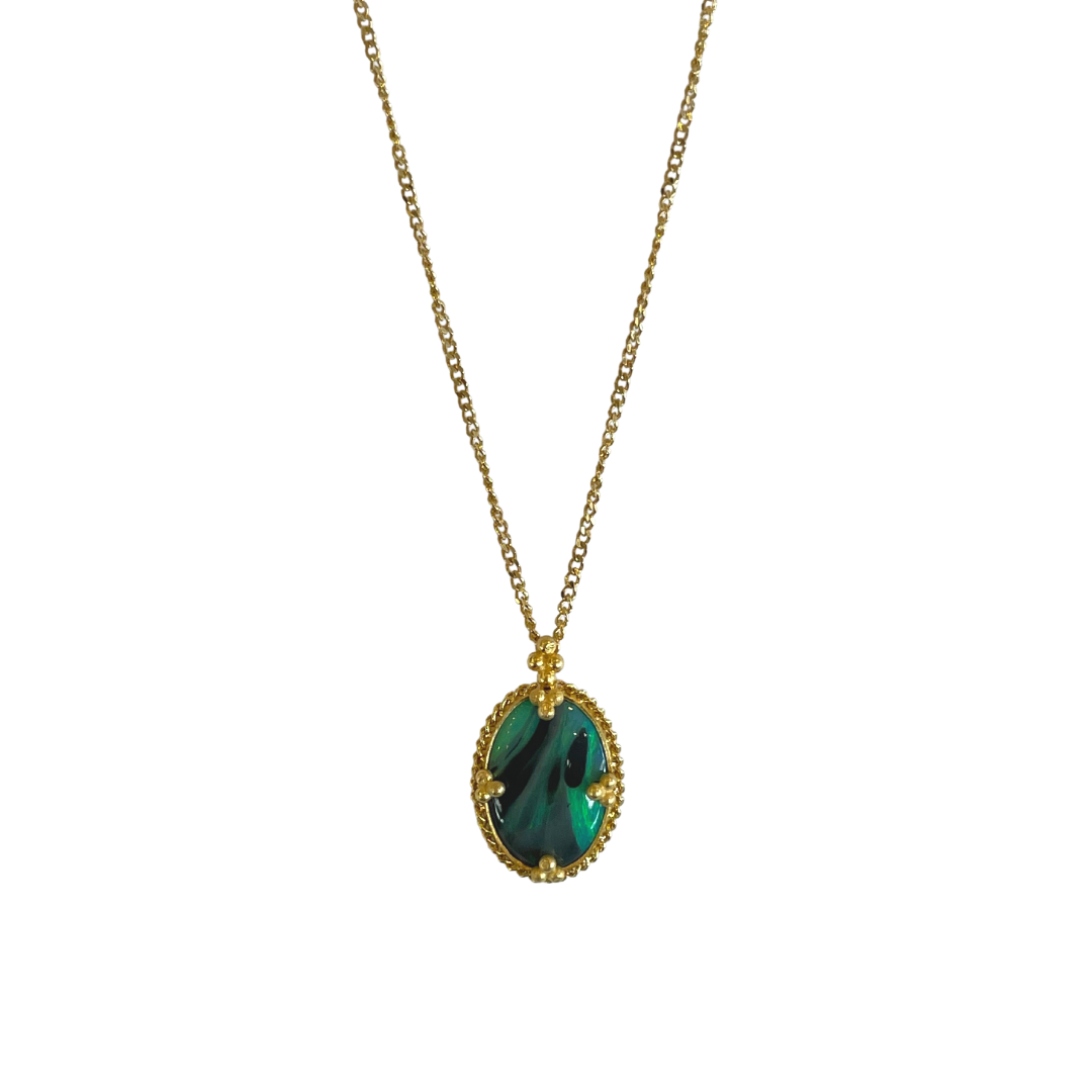 18k yellow gold necklace featuring a 1.69ct oval boulder opal with vibrant green and black play-of-color.
