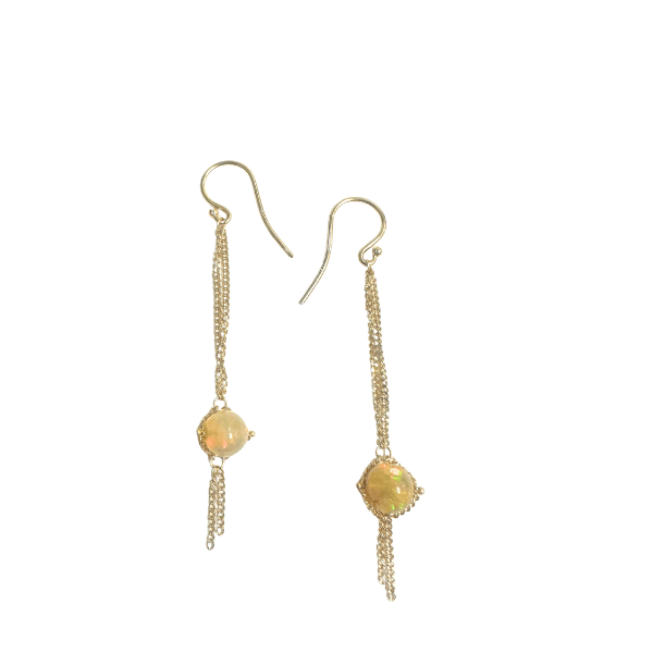 18k yellow gold drop earrings featuring iridescent opals suspended on delicate hand-woven chains with french hooks.