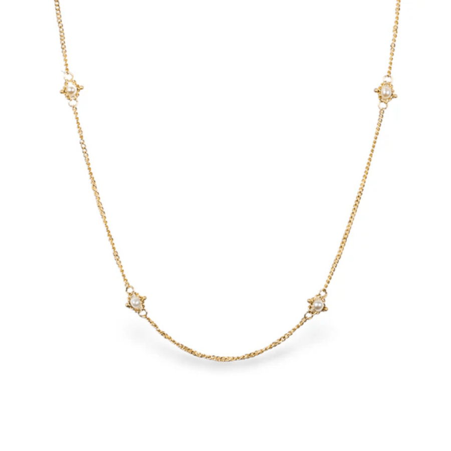 18k yellow gold station necklace featuring delicate freshwater pearl accents on a shimmering, hand-woven chain.