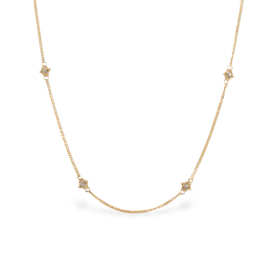 18k yellow gold chain necklace featuring handwoven silver diamond stations with a delicate, textile-inspired design.