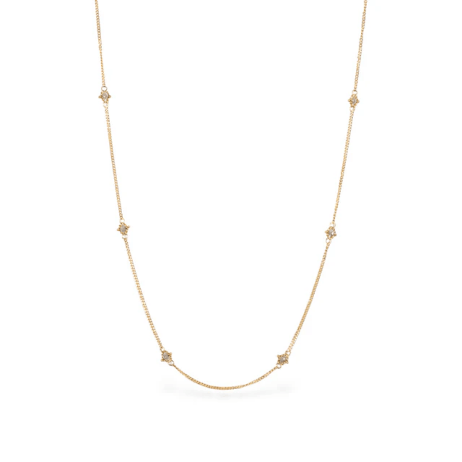 18k yellow gold station chain necklace featuring handwoven silver diamonds in a delicate, textile-inspired design.