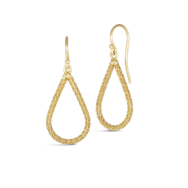 Textured 18k yellow gold teardrop earrings featuring a diamond-cut chain design on French hooks.