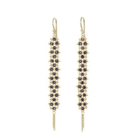 Long drop earrings featuring hand-woven black diamonds in 18K yellow gold mesh with delicate golden chain accents.