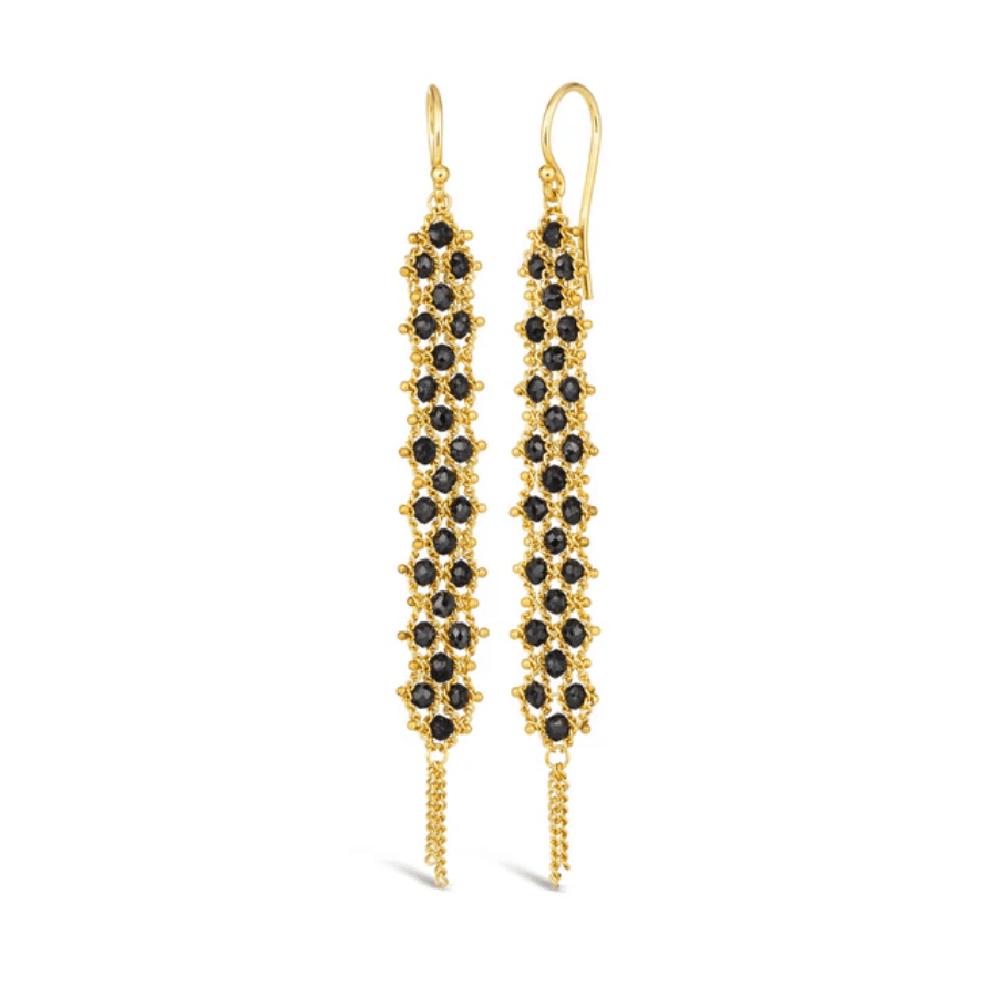 Long drop earrings featuring hand-woven black diamonds in 18K yellow gold mesh with delicate golden chain fringe.