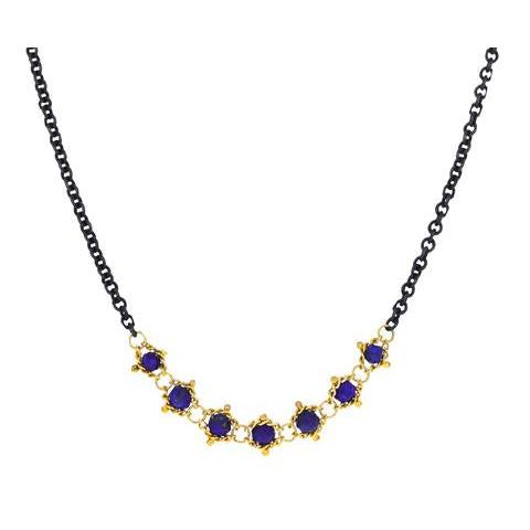 Textile Centered Lapis Station Necklace-Chain-Amali-hurdles-jewelry-boulder-colorado