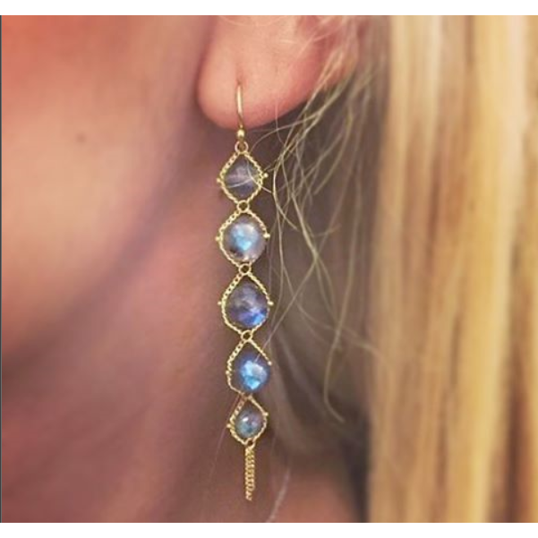 18k yellow gold drop earrings featuring five graduated labradorite beads in a delicate chain setting.