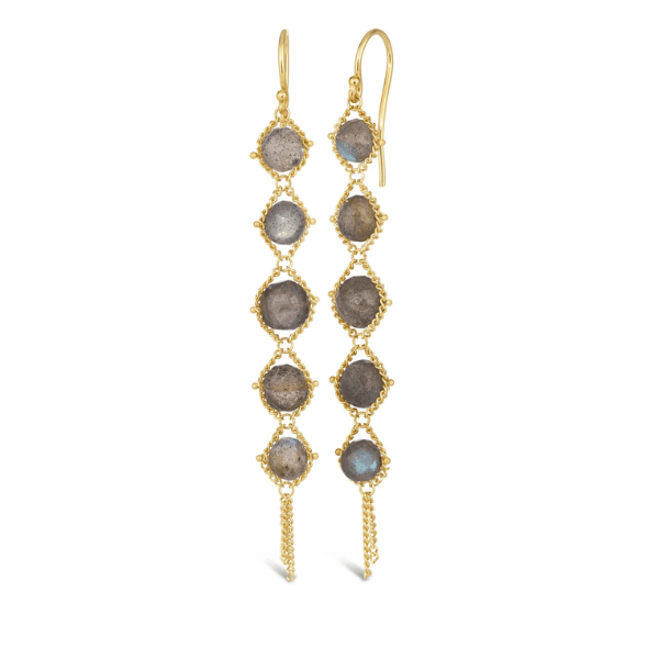 18k yellow gold drop earrings featuring five graduated labradorite beads and delicate chain accents.