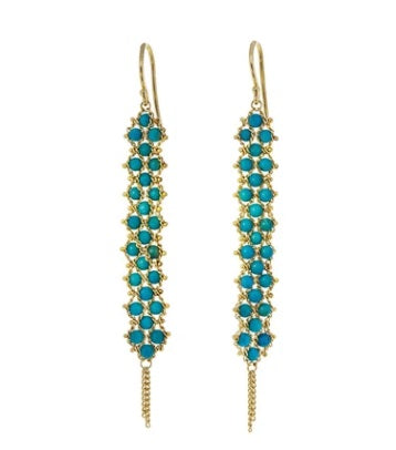 Long 18K yellow gold earrings featuring hand-woven turquoise beads and delicate gold chain fringe drops.