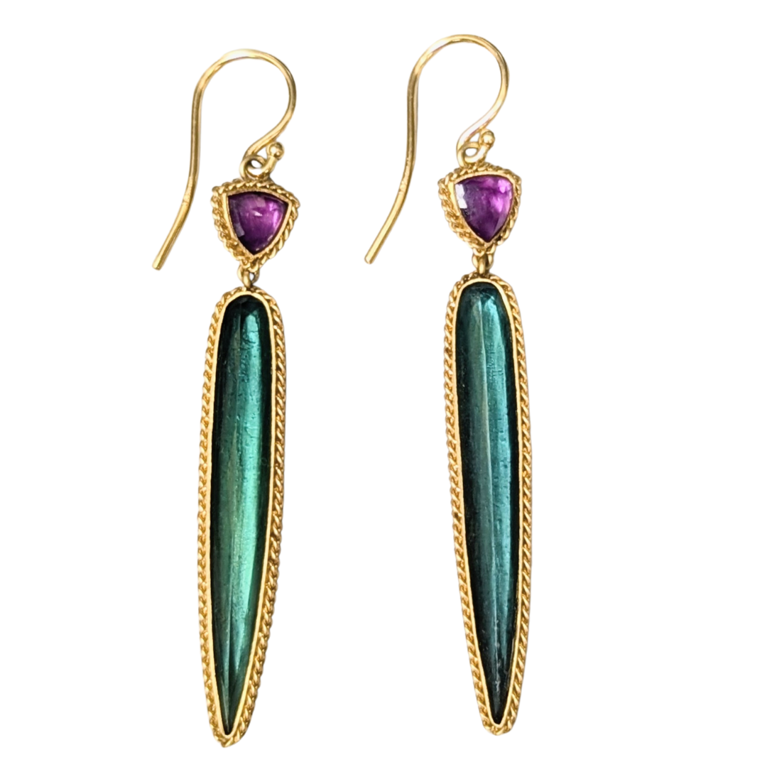 18k yellow gold drop earrings featuring long green tourmalines and triangular purple sapphires.