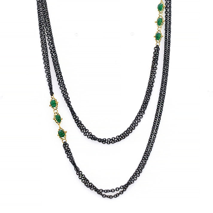 Triple Textile Emerald Station Necklace-Chain-Amali-hurdles-jewelry-boulder-colorado