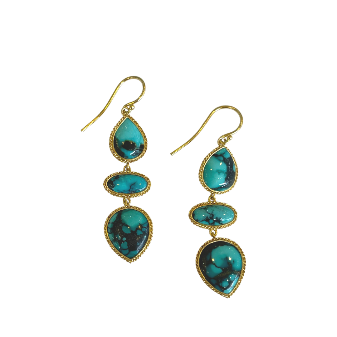 18k yellow gold triple drop earrings featuring teardrop and oval turquoise stones with a rope-textured gold border.