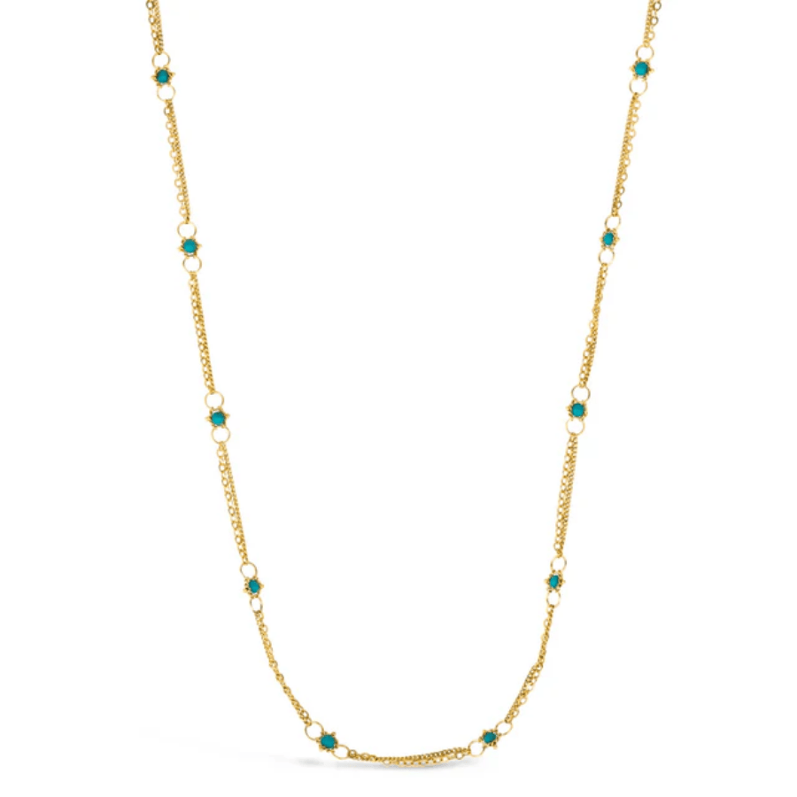 18k yellow gold chain necklace featuring delicate turquoise stones set between small gold hoops.