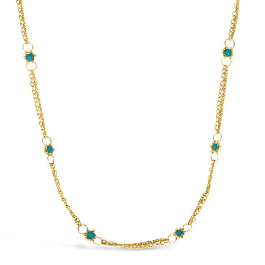 18k yellow gold chain necklace featuring delicate turquoise stones handwoven between small gold hoops.