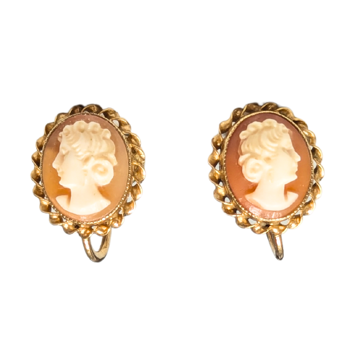 10k yellow gold cameo earrings featuring a carved profile portrait and decorative rope edge with screw-back closures.