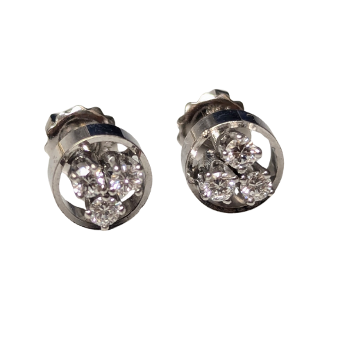 14k white gold three-stone diamond cluster earrings in a circular frame design with secure screw backs.