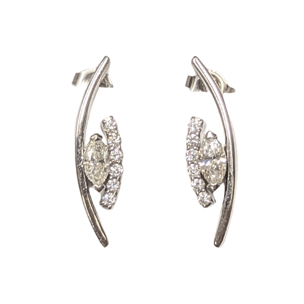 14k white gold geometric swoop earrings featuring marquise and round brilliant cut diamond accents.