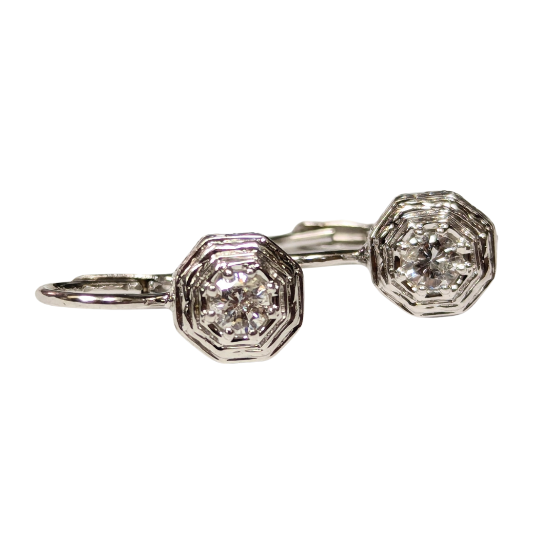 14k White Gold Lever-Back Antique Style Diamond Earrings-Earrings-Antique, Estate & Consignment-hurdles-jewelry-boulder-colorado