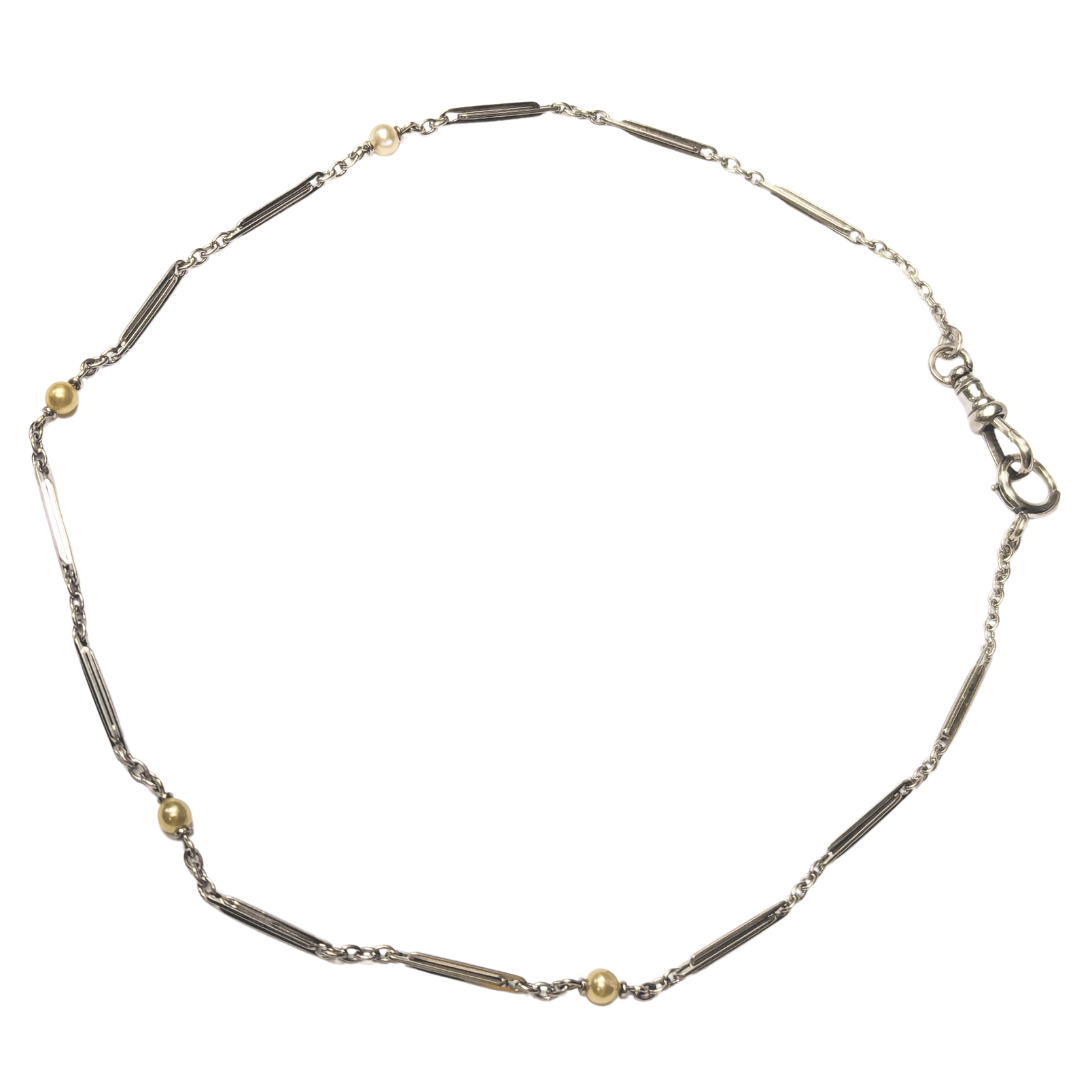 13-inch 14k white gold pocket watch chain featuring five 2.6mm imitation pearl stations and a secure clasp.