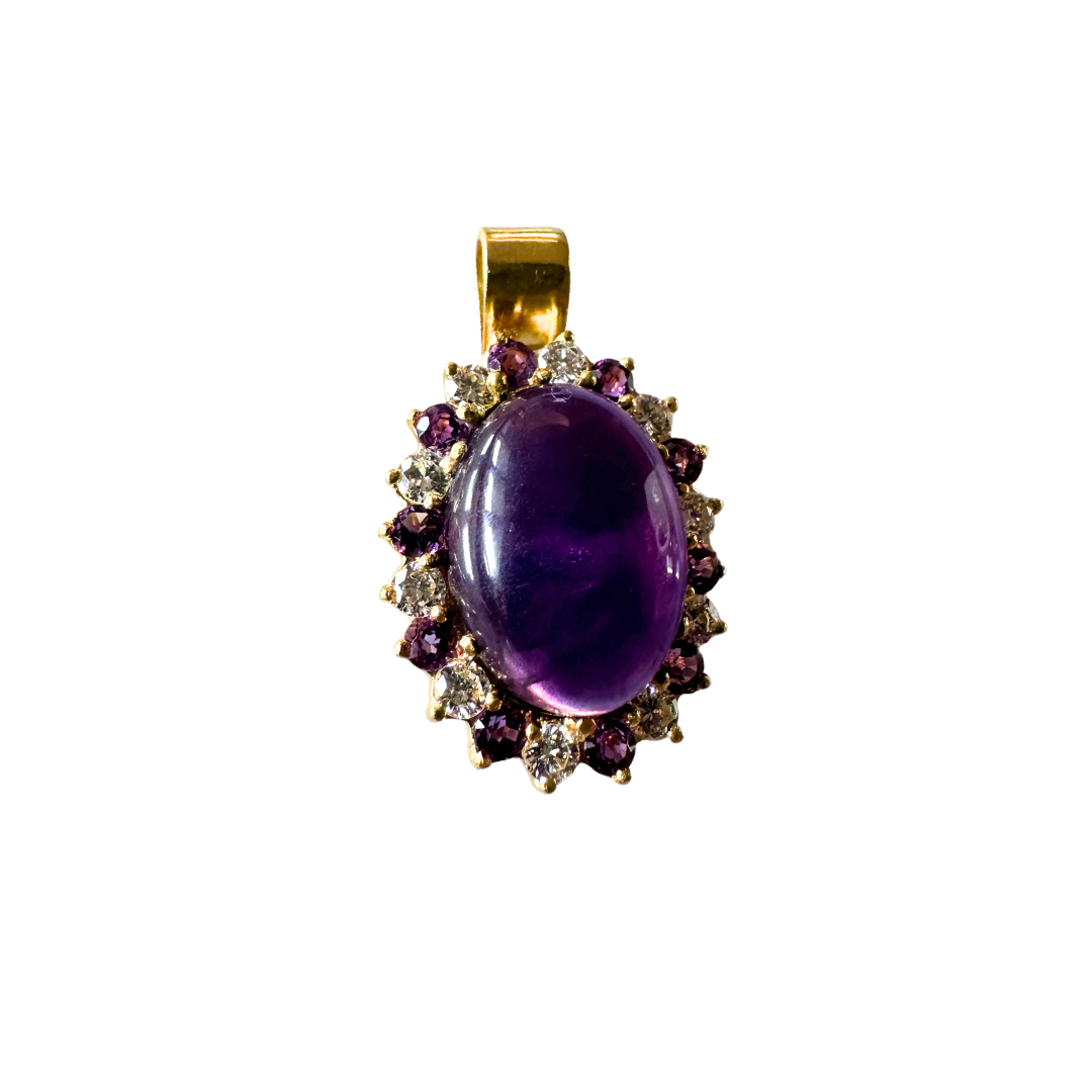 14k Yellow Gold Amethyst Cabochon Pendant with a Diamond and Amethyst Accented Halo-Pendant-Antique, Estate & Consignment-hurdles-jewelry-boulder-colorado
