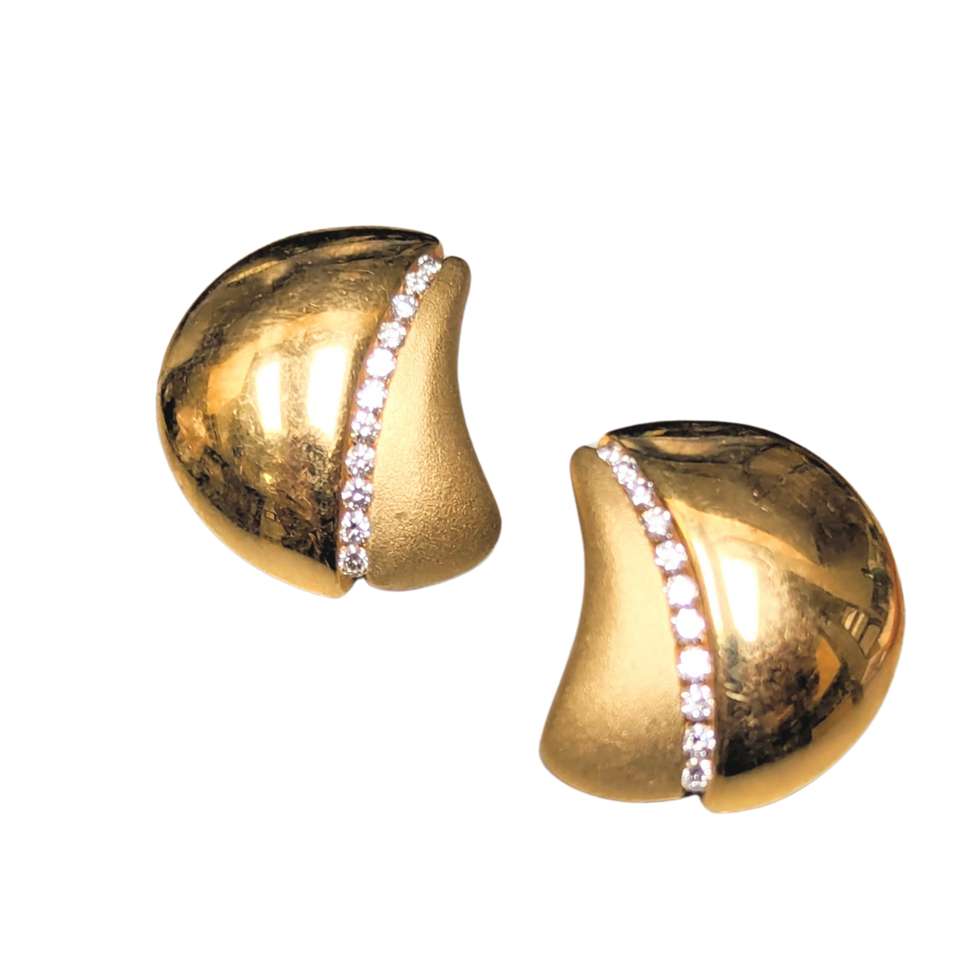 14k yellow gold petal earrings featuring a curved design with a row of sparkling round brilliant cut diamonds.