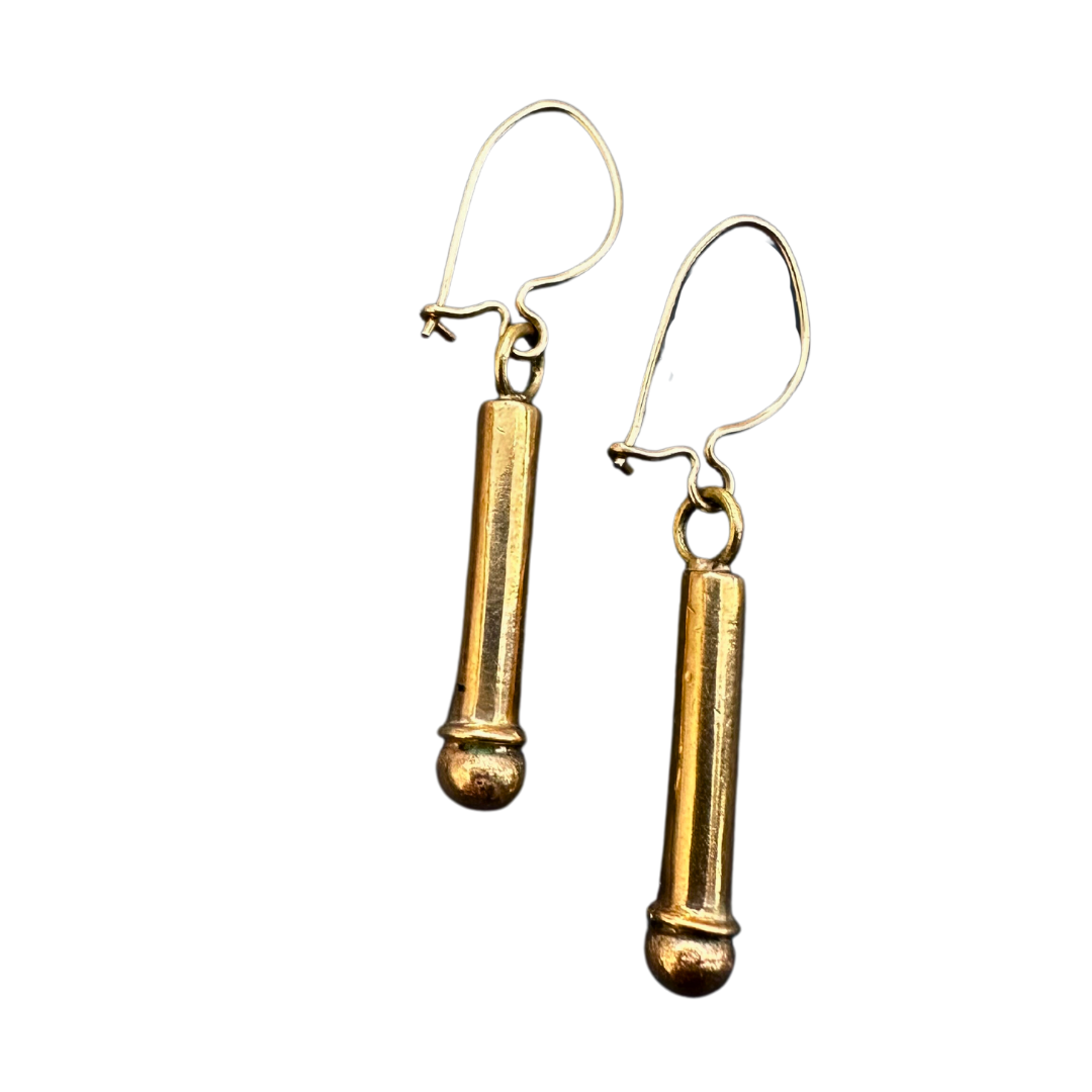 14k yellow gold bar drop earrings featuring a polished cylindrical design on simple wire hooks.