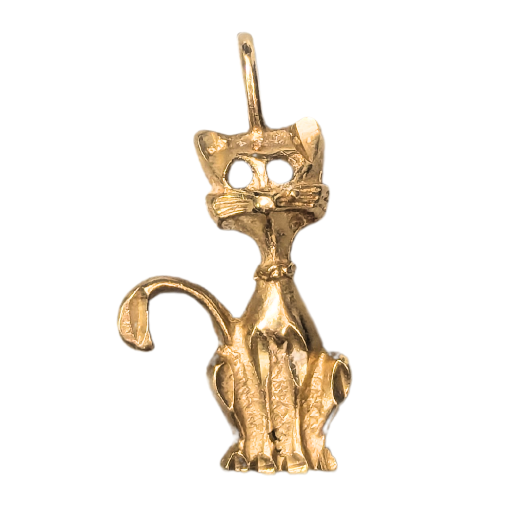14k yellow gold cat pendant featuring a stylized sitting feline with a curved tail and polished finish.