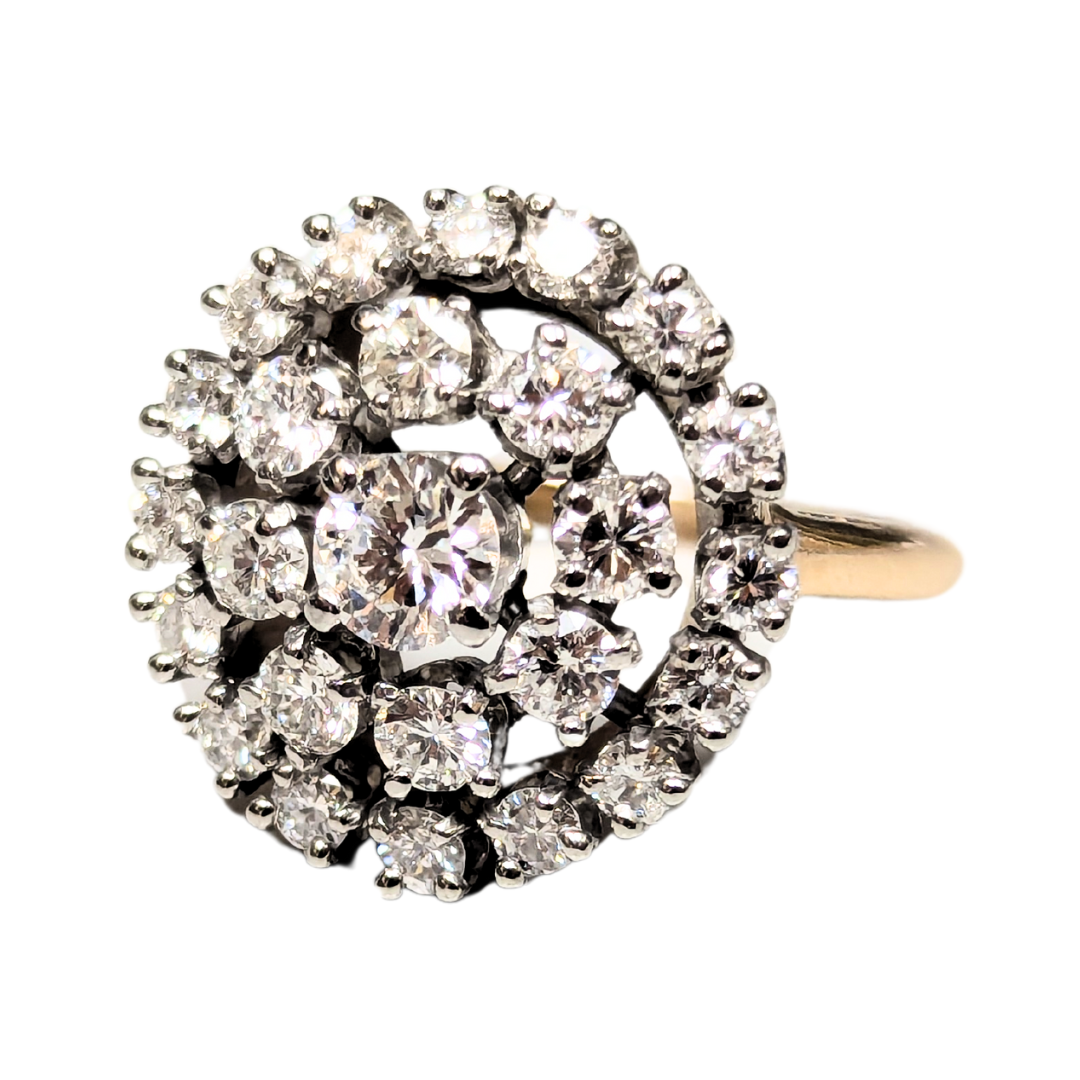 14k yellow gold cluster ring featuring 25 round brilliant cut diamonds in a circular setting.