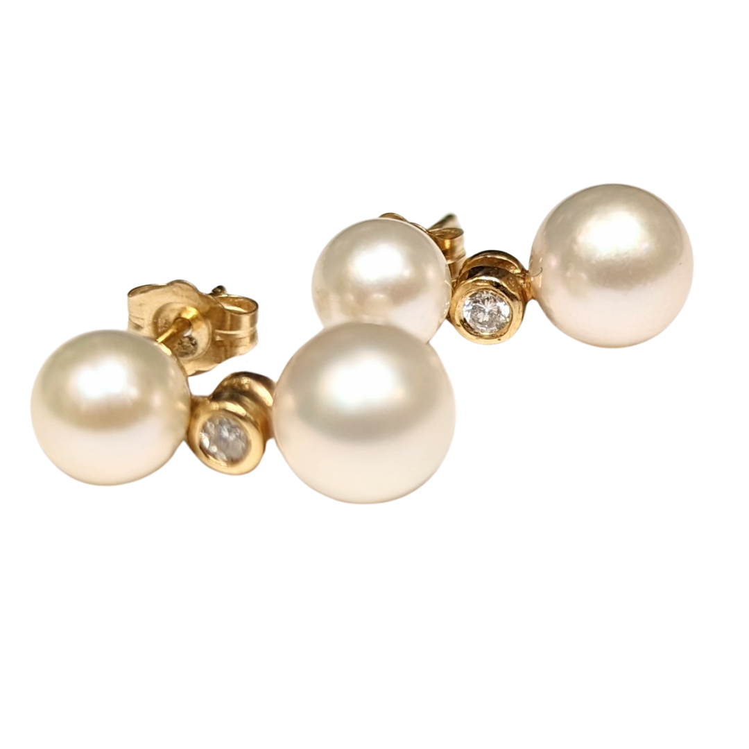14k Yellow Gold Double Pearl Stud Earrings with Diamond Accents-Earrings-Antique, Estate & Consignment-hurdles-jewelry-boulder-colorado