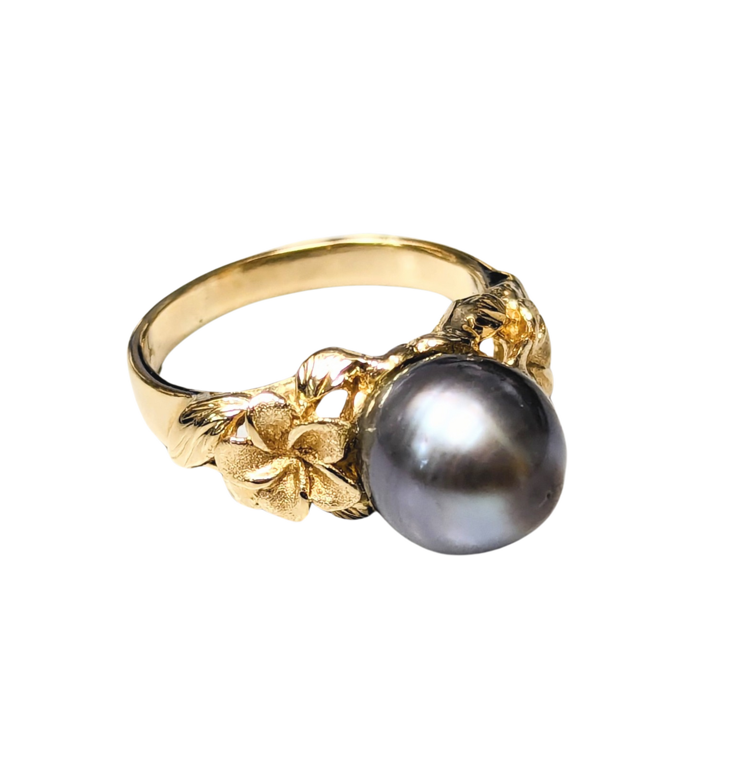 14k yellow gold ring featuring a lustrous dyed black pearl set with intricate floral plumeria accents.