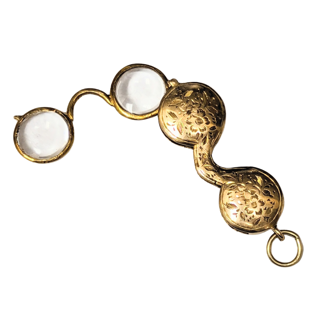 Antique 14k yellow gold lorgnette charm with delicate floral engraving and two operable magnifying lenses.