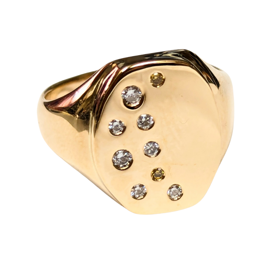 14k Yellow Gold Flush-Set White and Yellow Diamond Signet Ring-Ring-Antique, Estate & Consignment-I don' know or see my size-hurdles-jewelry-boulder-colorado
