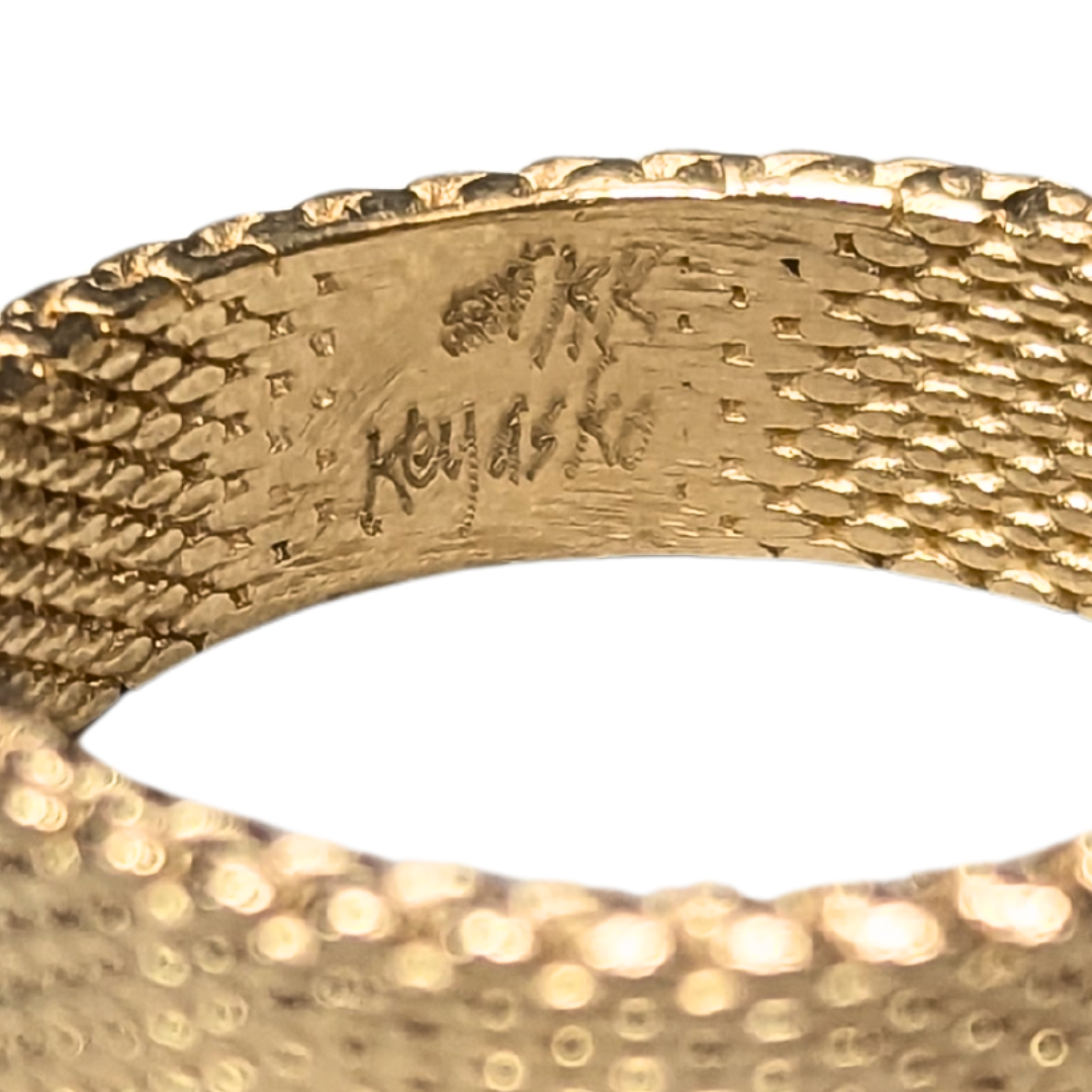 14k yellow gold Keyasko mesh band, size 8, showing interior hallmark and unique electroformed fabric texture.