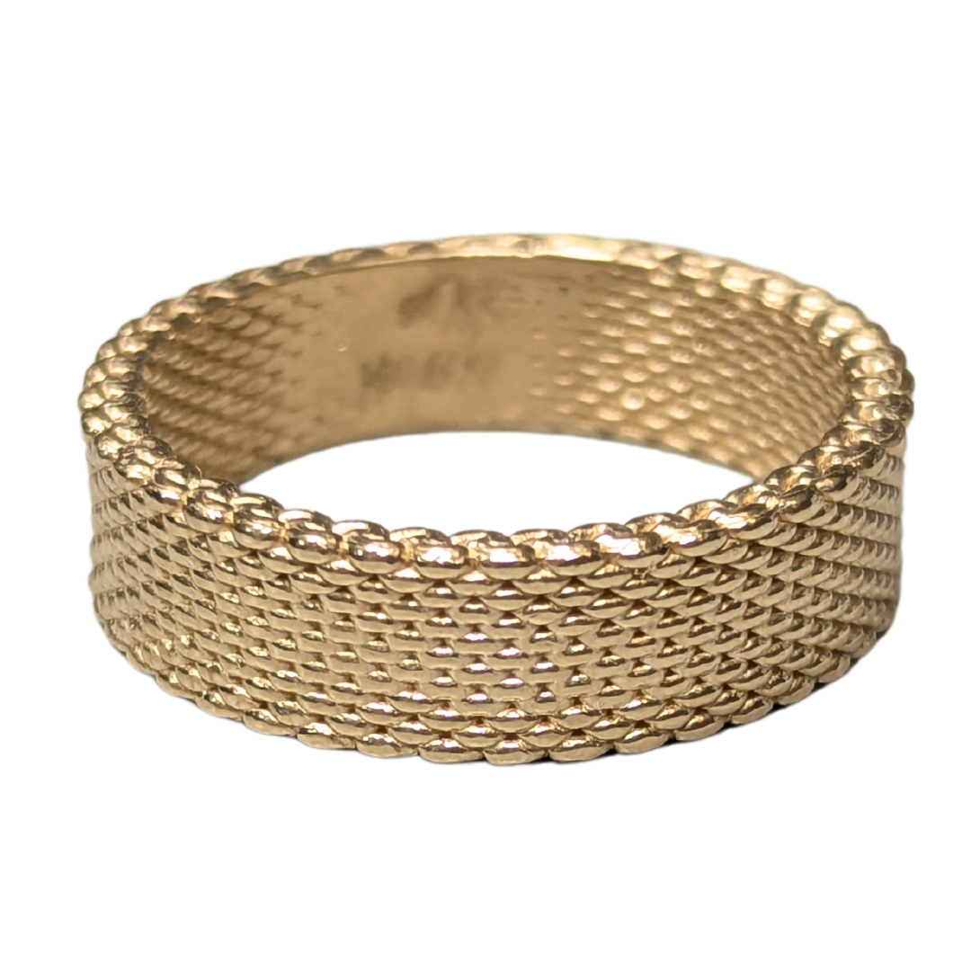14k yellow gold Keyasko mesh band ring with a textured, woven fabric-like design, size 8.