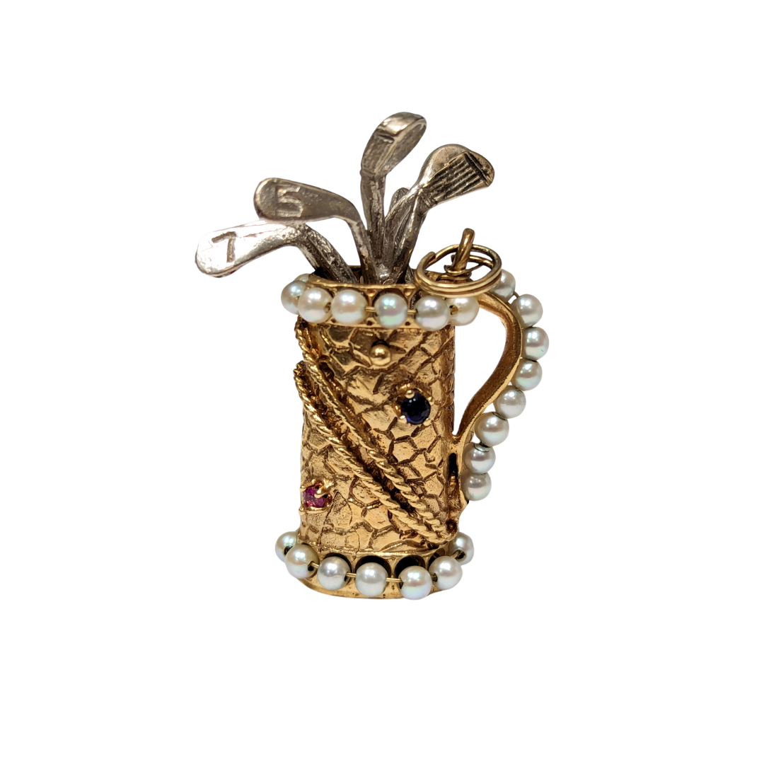 14k yellow gold mid-century Italian golf bag charm with pearls, ruby, sapphire, and imitation stone accents.