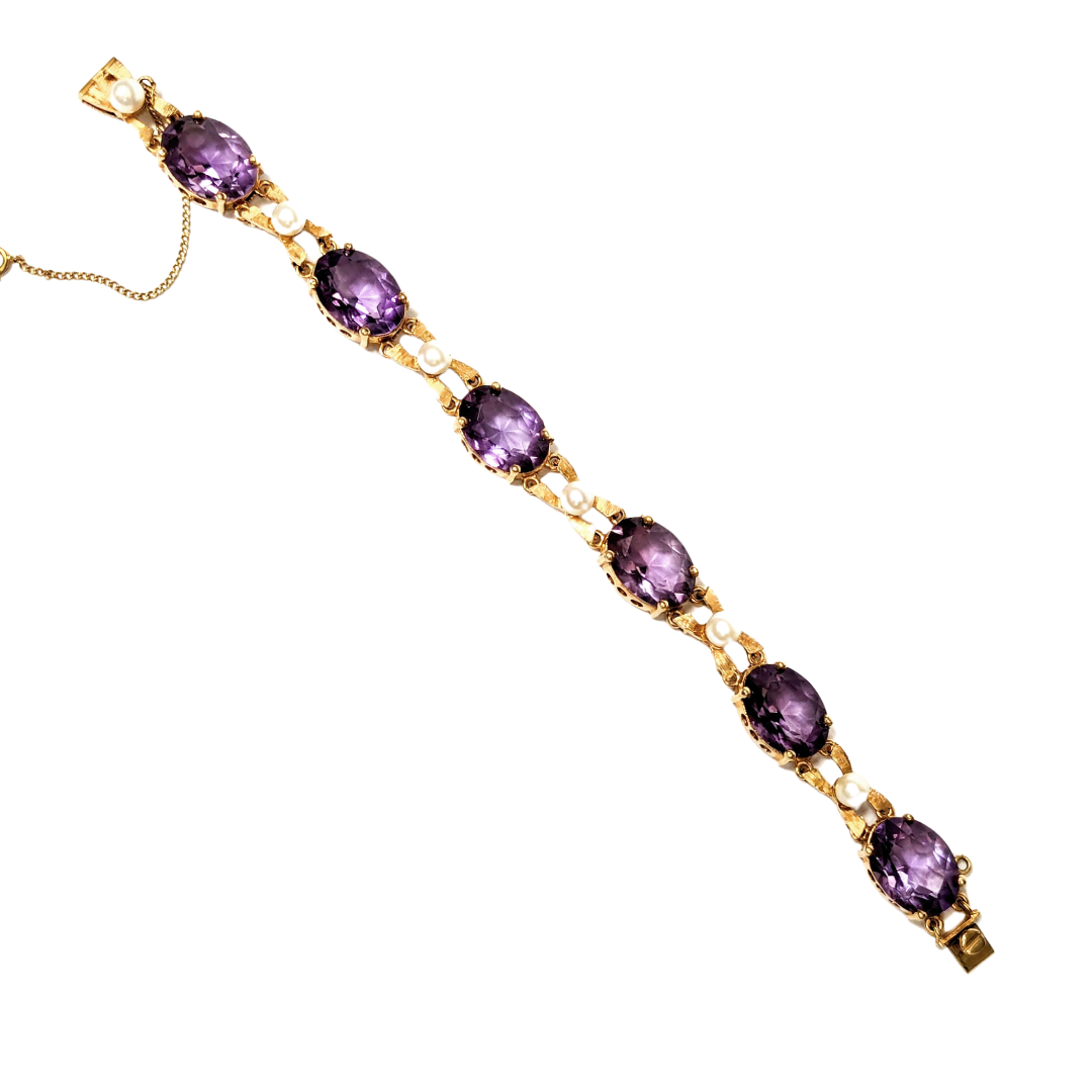 14k Yellow Gold Oval Amethyst and Pearl Bracelet-Bracelet-Antique, Estate & Consignment-hurdles-jewelry-boulder-colorado
