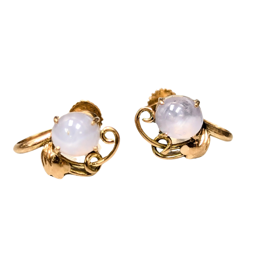 14k yellow gold screwback earrings featuring round, pale white star sapphires in a decorative vintage-style setting.