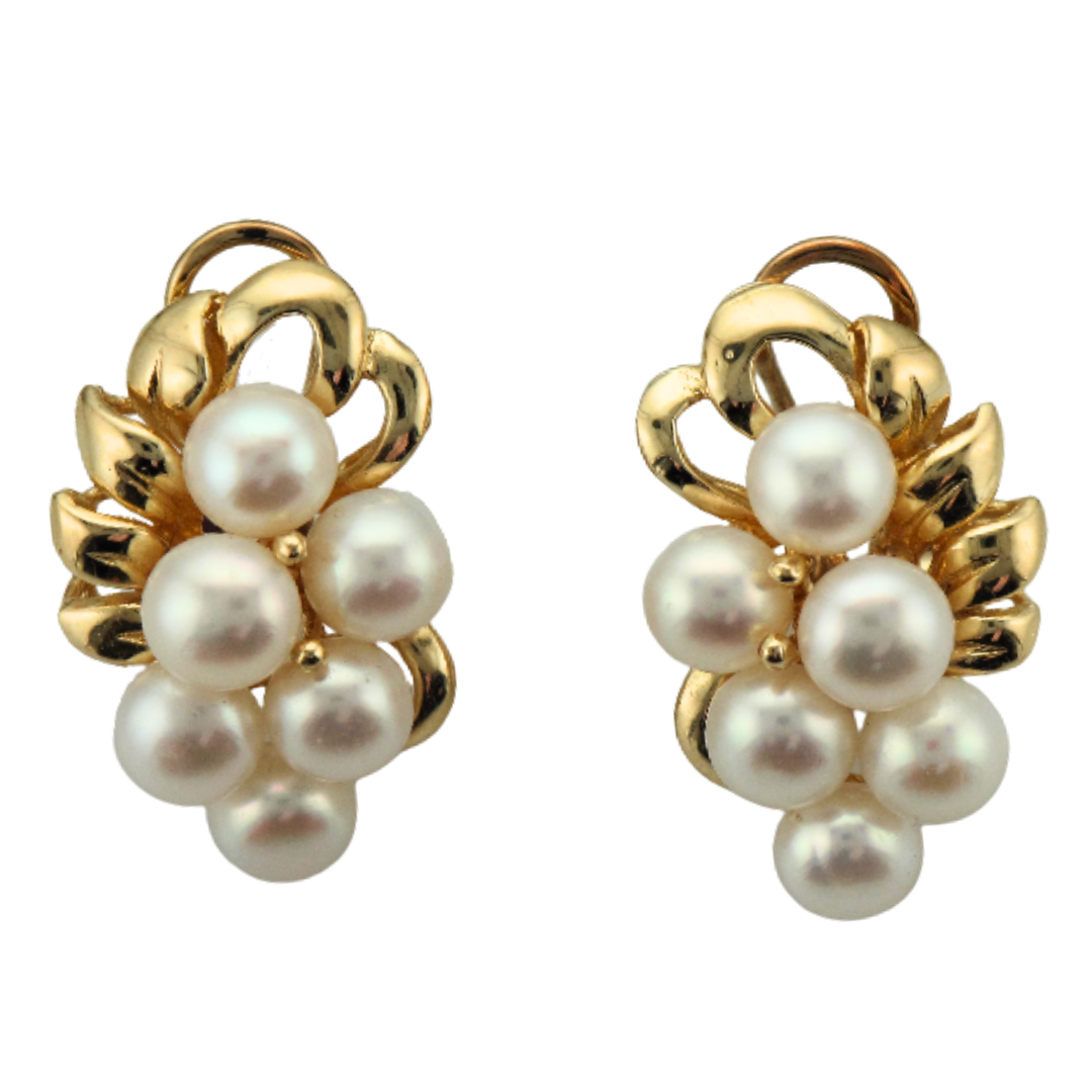 14k yellow gold cluster earrings featuring twelve 5.5mm white button pearls in a decorative leaf-style setting.